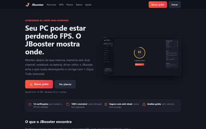 Página inicial do JBooster: chamada "Seu PC pode estar perdendo FPS" ao lado da tela do programa com a nota do computador.