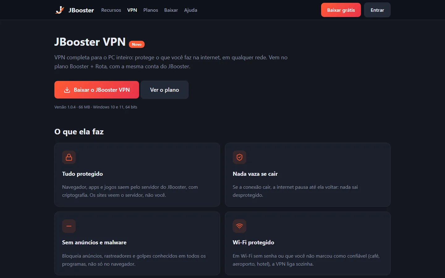 Página da JBooster VPN: proteção de todo o PC, bloqueio de anúncios e golpes e proteção automática em Wi-Fi público.