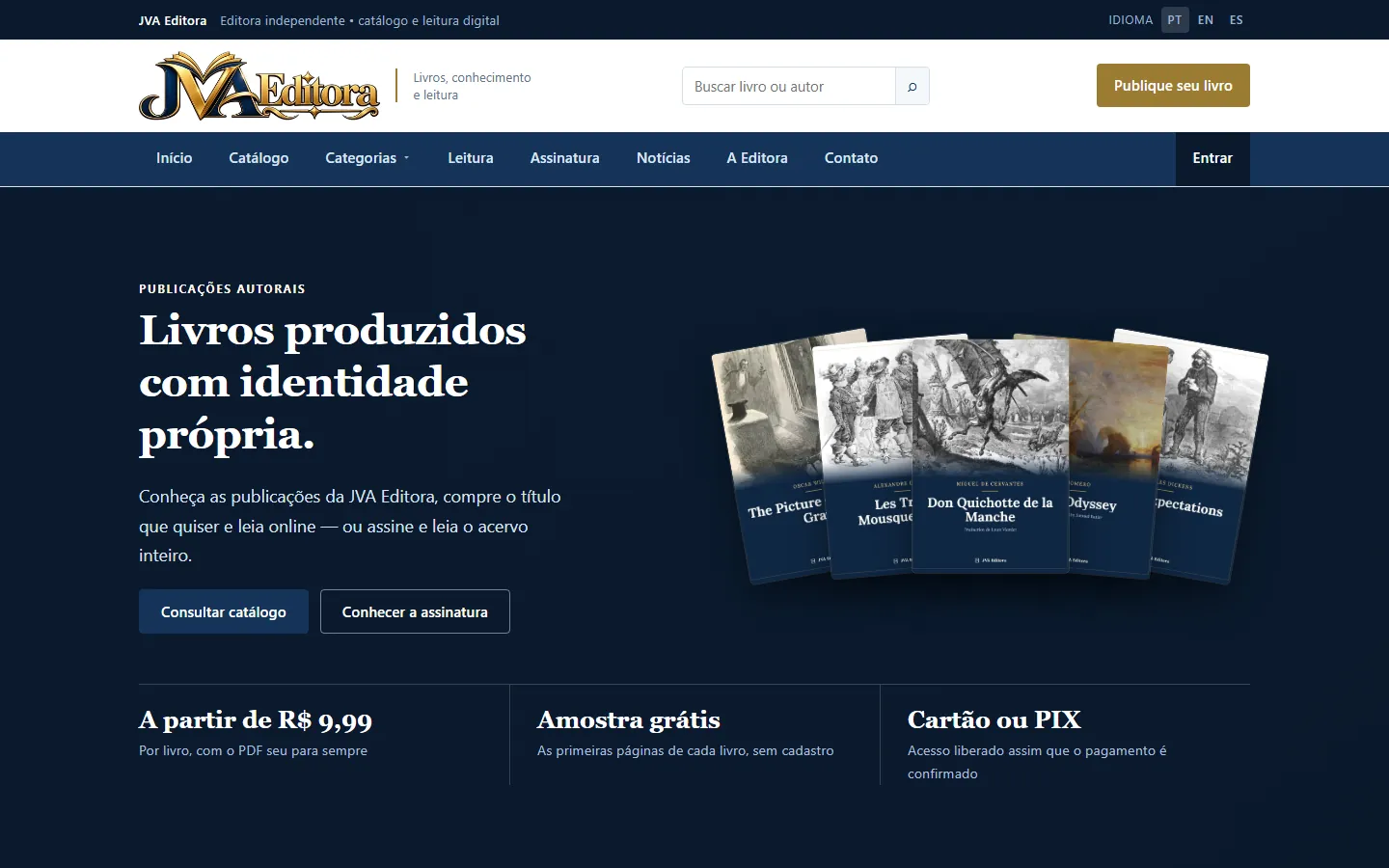Página inicial da JVA Editora: chamada "Livros produzidos com identidade própria" ao lado de capas de livros do catálogo.