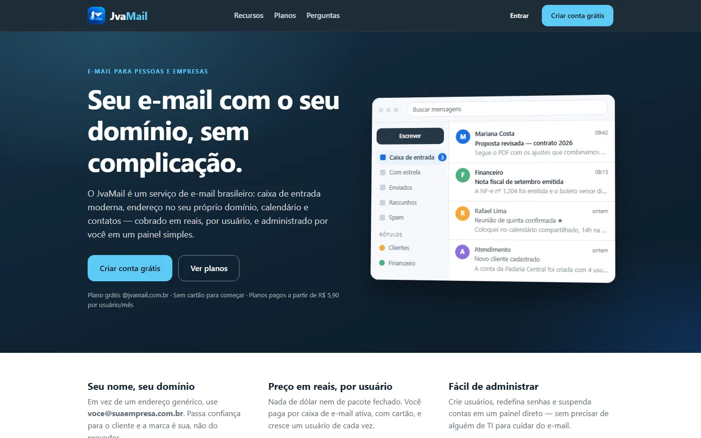 Página inicial do JvaMail: chamada "Seu e-mail com o seu domínio" ao lado da caixa de entrada com mensagens e rótulos.
