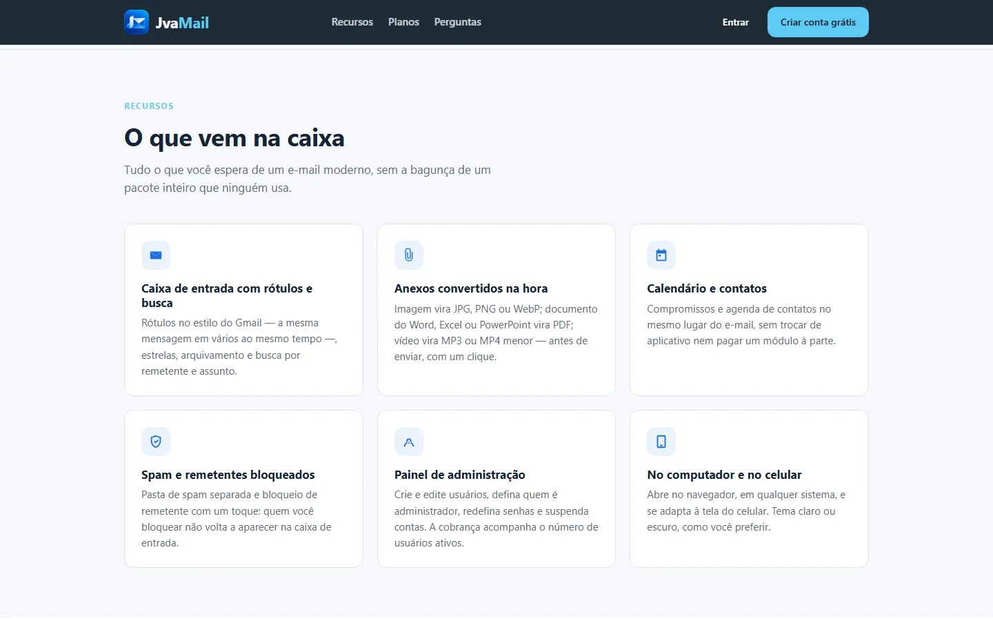 Recursos do JvaMail: caixa de entrada com rótulos, anexos convertidos, calendário, bloqueio de spam, painel de administração e uso no celular.