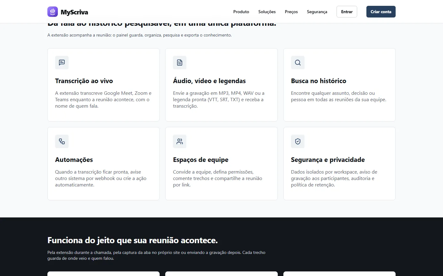 Recursos da MyScriva: transcrição ao vivo, envio de áudio e vídeo, busca no histórico, automações, espaços de equipe e privacidade.
