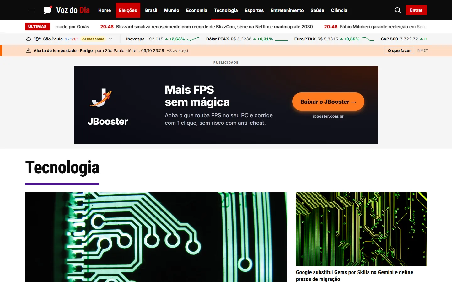 Editoria de Tecnologia do Voz do Dia: barra de cotações e clima no topo, anúncio e manchetes com fotos.