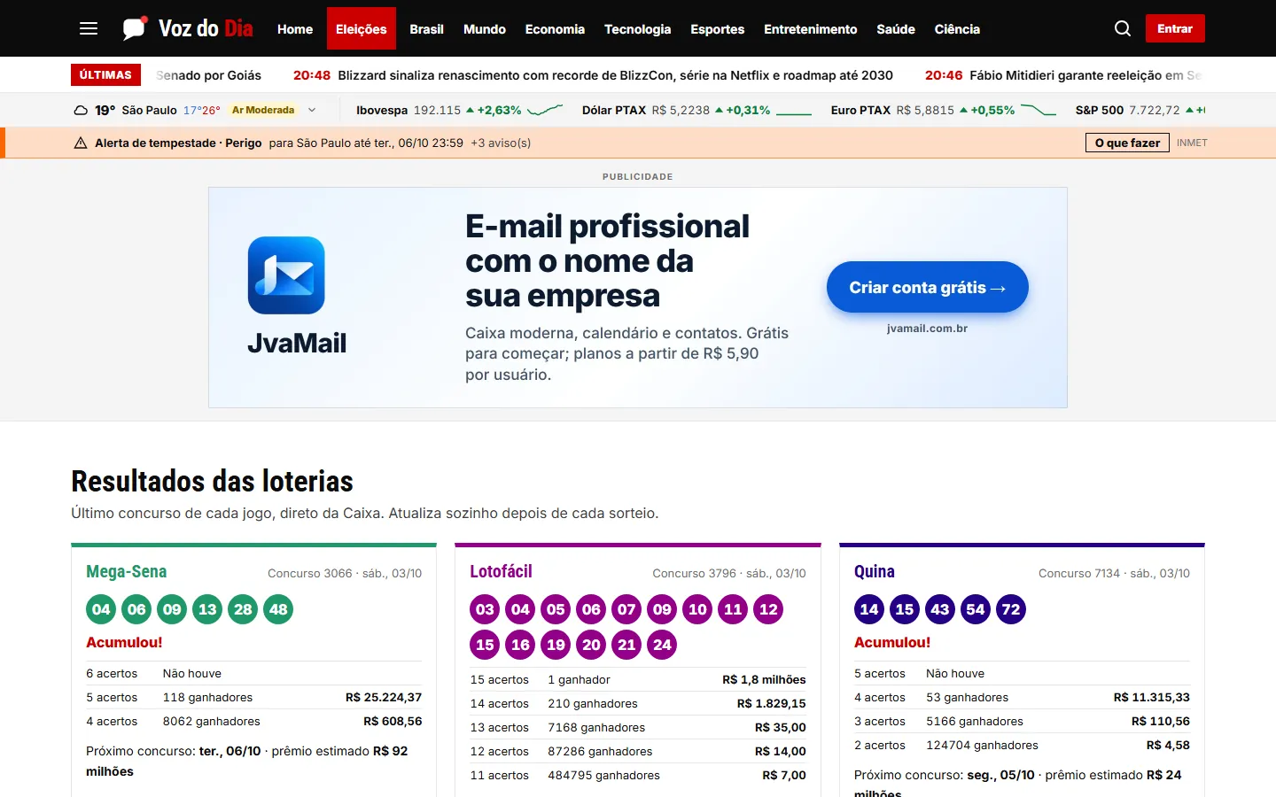 Página de loterias do Voz do Dia: resultados da Mega-Sena, Lotofácil e Quina com as dezenas sorteadas e os prêmios.
